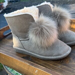 Gray BearPaw Libby suede Boots with Faux Fur Pom Poms